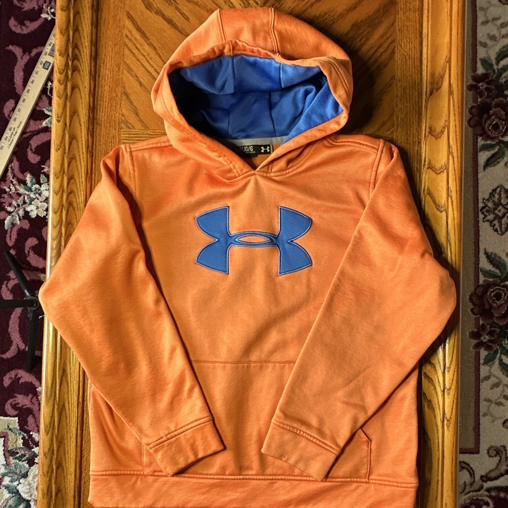 Under Armour Youth L Orange/Blue Logo Pullover Hoodie Fleece Pockets